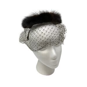 Vintage G. Fox & Co Fascinator Hat Brown Fur and Mesh Netting Bow Back